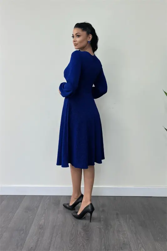 Shimmer Crepe Fabric Ruche Detailed Midi Dress - SAXE BLUE - 5