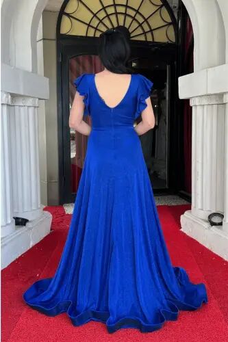 Shimmer Crepe Fabric Shoulder Ruffle Evening Dress - ROYAL BLUE - 10