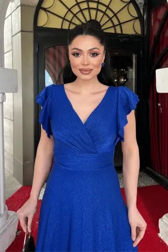 Shimmer Crepe Fabric Shoulder Ruffle Evening Dress - ROYAL BLUE - 3