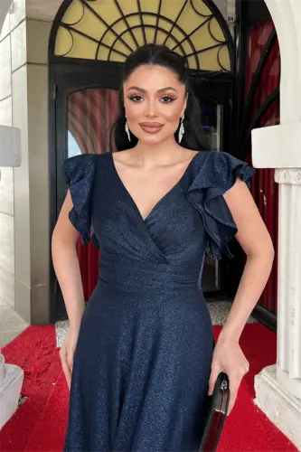 Shimmer Crepe Fabric Shoulder Ruffled Evening Dress - NAVY BLUE - 9