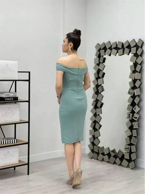 Shimmer Fabric Boat Neck Dress - MINT GREEN - 5