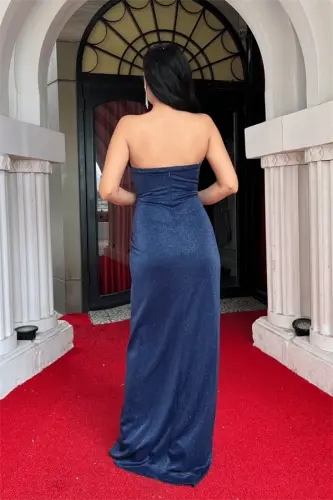 Shimmer Fabric Strapless Boned Detail Evening Dress - NAVY BLUE - 5