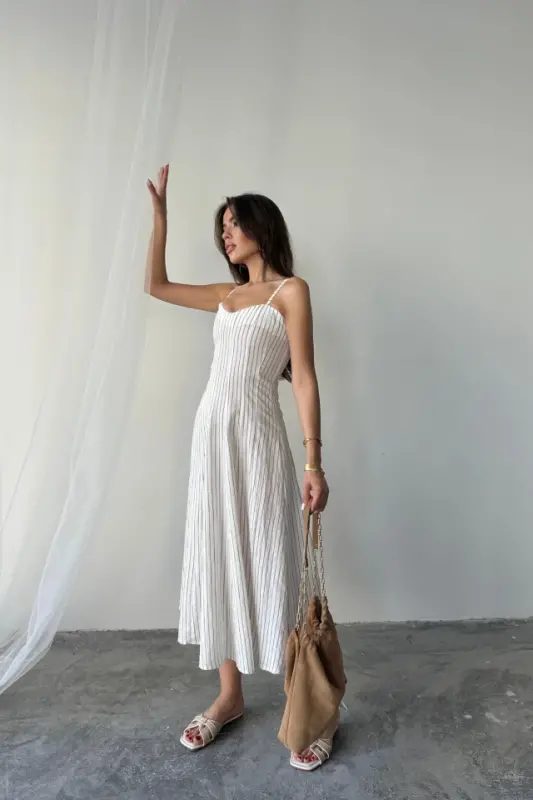 SHIMMER STRIPED STRAPPY DRESS MIDI - Brown - 5