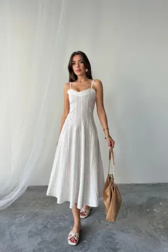 SHIMMER STRIPED STRAPPY DRESS MIDI - Brown - 1