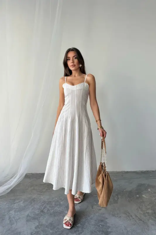 SHIMMER STRIPED STRAPPY DRESS MIDI - Brown - 1