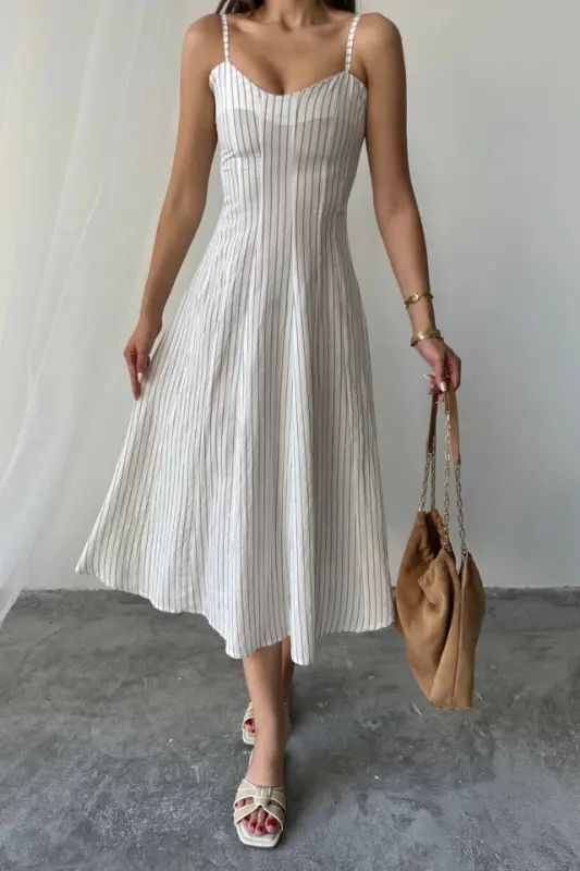 SHIMMER STRIPED STRAPPY DRESS MIDI - Brown - 2
