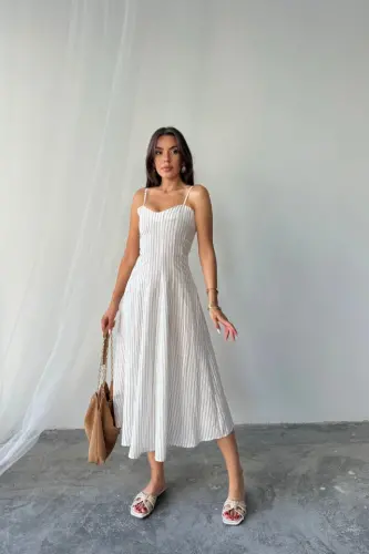 SHIMMER STRIPED STRAPPY DRESS MIDI - Brown - 4