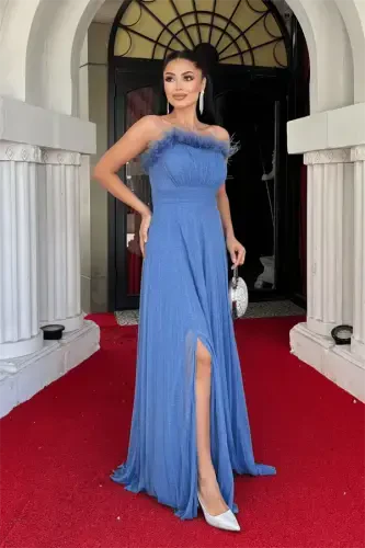 Shimmer Tulle Fabric Feather Collar Pleated Detailed Evening Dress - INDIGO BLUE - BÜYÜKBEDENIZ (1)