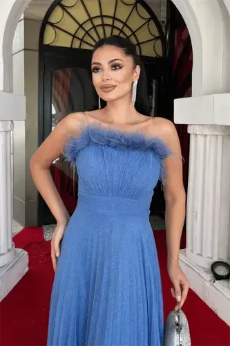 Shimmer Tulle Fabric Feather Collar Pleated Detailed Evening Dress - INDIGO BLUE - 4