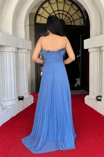 Shimmer Tulle Fabric Feather Collar Pleated Detailed Evening Dress - INDIGO BLUE - 5