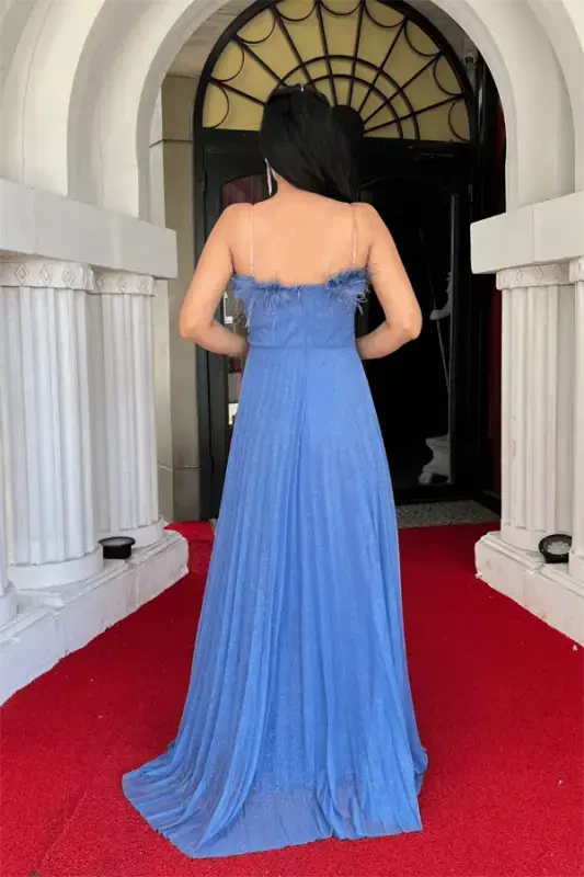 Shimmer Tulle Fabric Feather Collar Pleated Detailed Evening Dress - INDIGO BLUE - 5