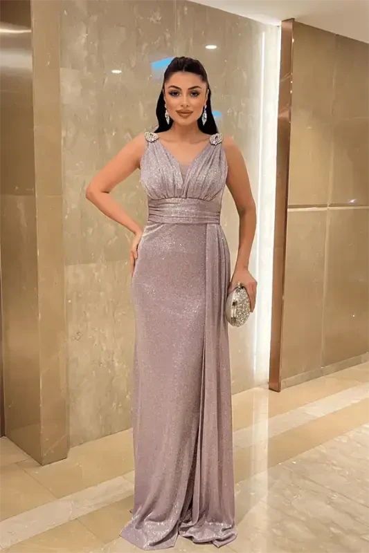 Shimmering Fabric Stone Detailed Evening Dress - LILAC - BÜYÜKBEDENIZ