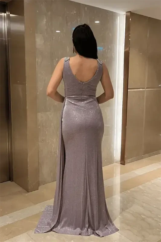 Shimmering Fabric Stone Detailed Evening Dress - LILAC - 5
