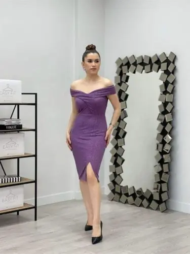 Shimmery Fabric Boat Neck Dress - PURPLE - 1