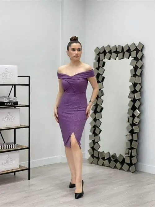 Shimmery Fabric Boat Neck Dress - PURPLE - 1