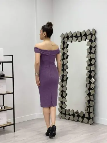 Shimmery Fabric Boat Neck Dress - PURPLE - 5