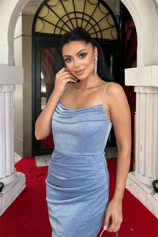 Shimmery Fabric Draped Neck Evening Dress - INDIGO BLUE - 3