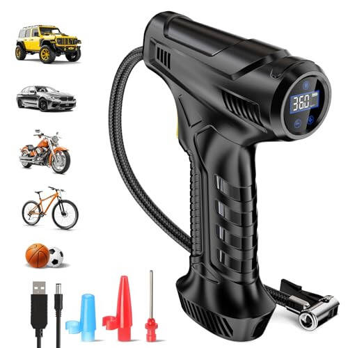 Shinalar uchun portativ havo kompressori, avtomobil shinalari uchun qayta zaryadlanuvchi havo pompasi, avtomobil aksessuarlari 150PSI, avtomobillar, yo'ltanlamaslar, mototsikllar, velosipedlar, to'plar uchun LED chiroq bilan. - 1