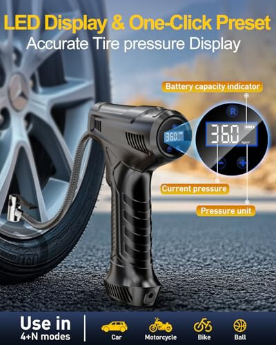 Shinalar uchun portativ havo kompressori, avtomobil shinalari uchun qayta zaryadlanuvchi havo pompasi, avtomobil aksessuarlari 150PSI, avtomobillar, yo'ltanlamaslar, mototsikllar, velosipedlar, to'plar uchun LED chiroq bilan. - 6