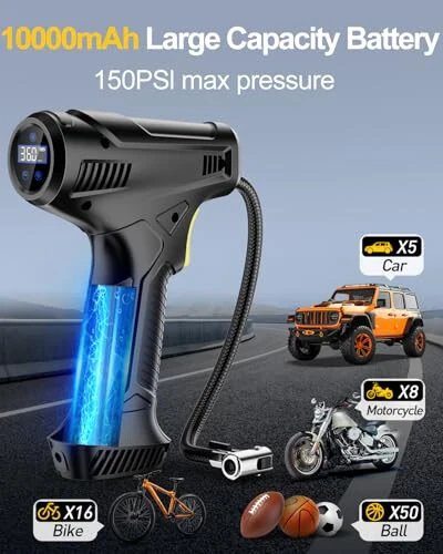 Shinalar uchun portativ havo kompressori, avtomobil shinalari uchun qayta zaryadlanuvchi havo pompasi, avtomobil aksessuarlari 150PSI, avtomobillar, yo'ltanlamaslar, mototsikllar, velosipedlar, to'plar uchun LED chiroq bilan. - 3