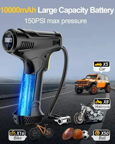 Shinalar uchun portativ havo kompressori, avtomobil shinalari uchun qayta zaryadlanuvchi havo pompasi, avtomobil aksessuarlari 150PSI, avtomobillar, yo'ltanlamaslar, mototsikllar, velosipedlar, to'plar uchun LED chiroq bilan. - 3