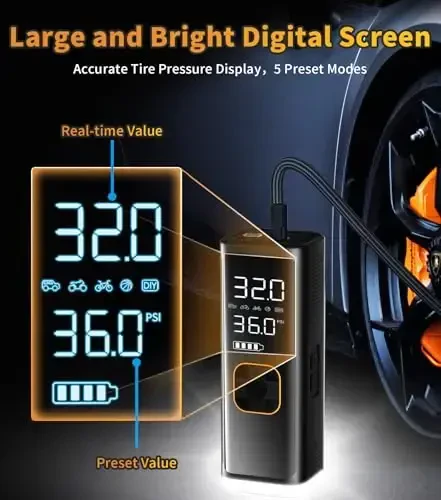 Shinalarni shishiradigan portativ havo kompressori, 12V DC yuk mashinalari uchun havo nasosi, avtomobil shinalari uchun, 150PSI portativ havo kompressori bosim o'lchagich/LED yoritgich, avtomobil, moto, velosiped uchun 20000MAH portativ shinalarni shishirgich (qora) - 3