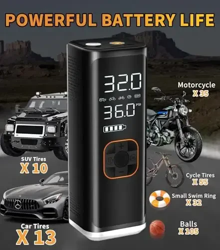 Shinalarni shishiradigan portativ havo kompressori, 12V DC yuk mashinalari uchun havo nasosi, avtomobil shinalari uchun, 150PSI portativ havo kompressori bosim o'lchagich/LED yoritgich, avtomobil, moto, velosiped uchun 20000MAH portativ shinalarni shishirgich (qora) - 4