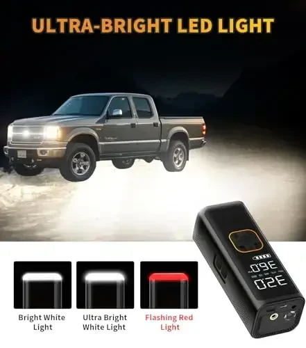 Shinalarni shishiradigan portativ havo kompressori, 12V DC yuk mashinalari uchun havo nasosi, avtomobil shinalari uchun, 150PSI portativ havo kompressori bosim o'lchagich/LED yoritgich, avtomobil, moto, velosiped uchun 20000MAH portativ shinalarni shishirgich (qora) - 6