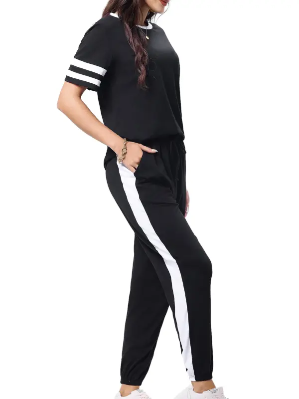 Shine Up Women Sweatsuits Casual 2 Piece Sets Striped Tracksuits Short Sleeve Summer T Shirts Long Jogger Sets Loose Activewear - 3