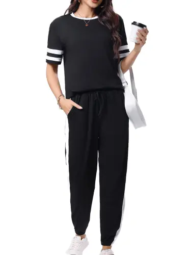 Shine Up Women Sweatsuits Casual 2 Piece Sets Striped Tracksuits Short Sleeve Summer T Shirts Long Jogger Sets Loose Activewear- - 1