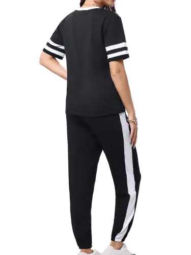 Shine Up Women Sweatsuits Casual 2 Piece Sets Striped Tracksuits Short Sleeve Summer T Shirts Long Jogger Sets Loose Activewear- - 4