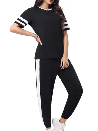Shine Up Women Sweatsuits Casual 2 Piece Sets Striped Tracksuits Short Sleeve Summer T Shirts Long Jogger Sets Loose Activewear- - SHINE UP (1)