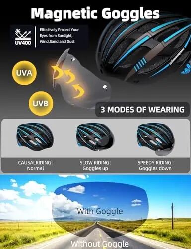 Shinmax Adult Bike Helmet with USB Rechargeable Rear Light,Magnetic Goggles | Bicycle Helmets for Men Women, 9 Lighting modes,Detachable UV400 Goggles, 27 Vents, Adjustable Fit , Removable Pads,Cycling - 4