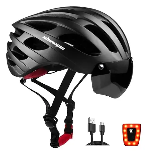Shinmax Bike Helmet with USB Rechargeable Light & Detachable Magnetic Goggles UV Protective, Bicycle Helmet Men Women Mountain Road Adjustable Adult Cycling Helmet (WT-049) - 5