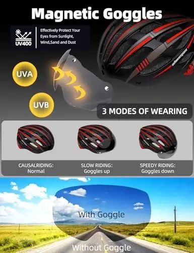 Shinmax Велосипедный шлем с USB перезаряжаемой подсветкой и съемными магнитными очками с защитой от ультрафиолета, велосипедный шлем мужской женский горный дорожный регулируемый взрослый велосипедный шлем (WT-049) - 4