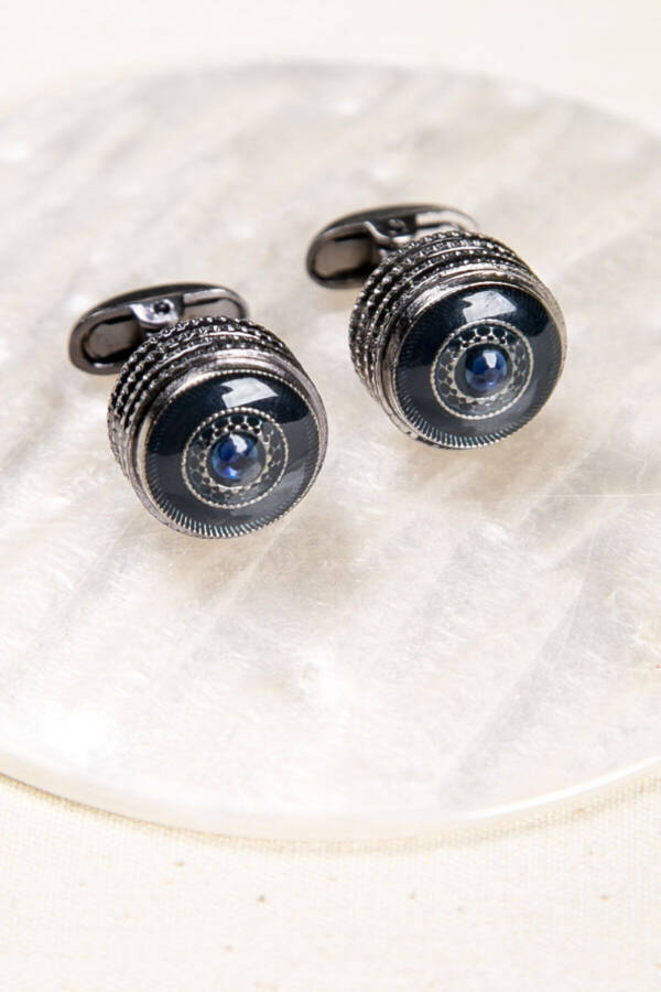 Shiny Blue Cufflinks with Gift Tie Clip for Men with Stones - 4