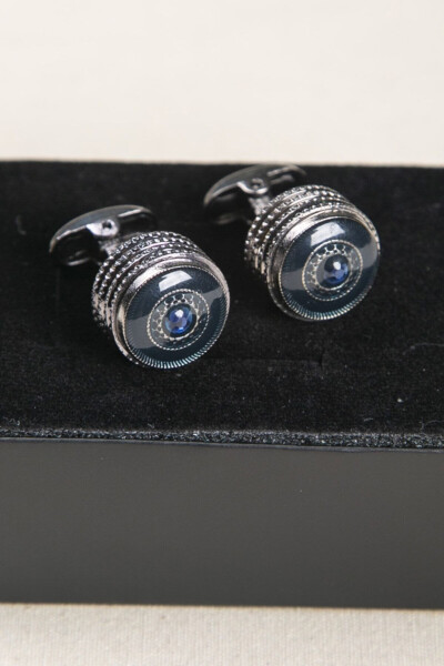 Shiny Blue Cufflinks with Gift Tie Clip for Men with Stones - 5