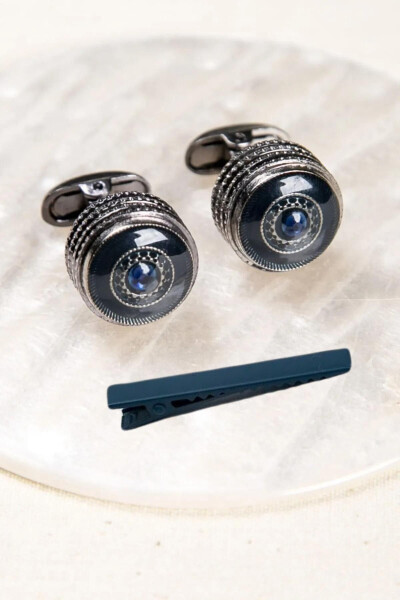 Shiny Blue Cufflinks with Gift Tie Clip for Men with Stones - 1