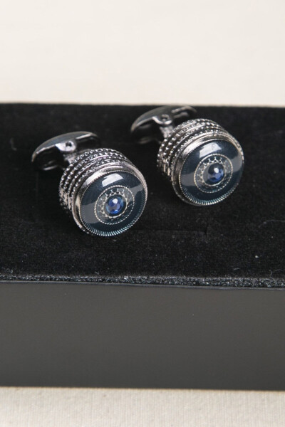 Shiny Blue Cufflinks with Gift Tie Clip for Men with Stones - 2