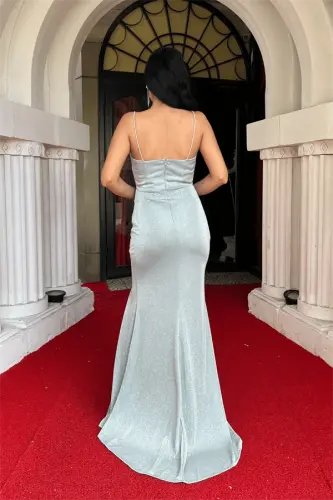 Shiny Fabric Draped Neck Evening Dress - MINT GREEN - 5