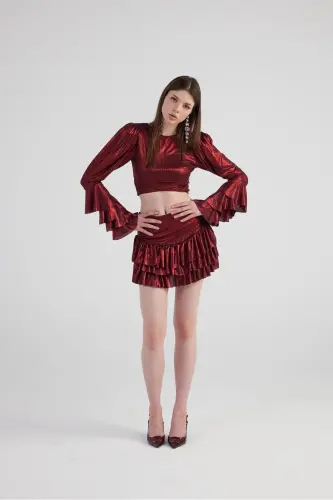 Shiny Fabric Frilled Skirt Blouse Yensia Set Burgundy - 4