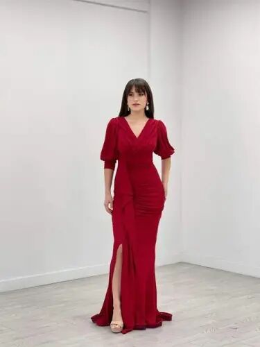 Shiny Fabric Mermaid Style Ruffled Evening Dress - RED - 6