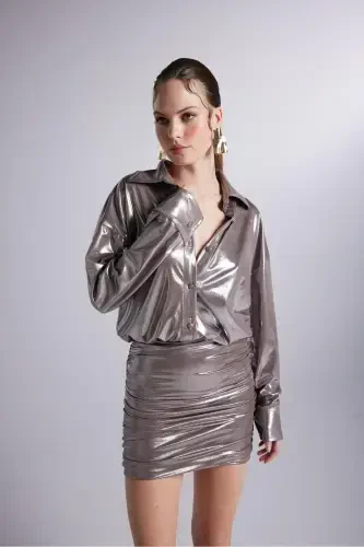 Shiny Fabric Ruched Shirt Collar Mini Regina Dress Mink-Mink - 1