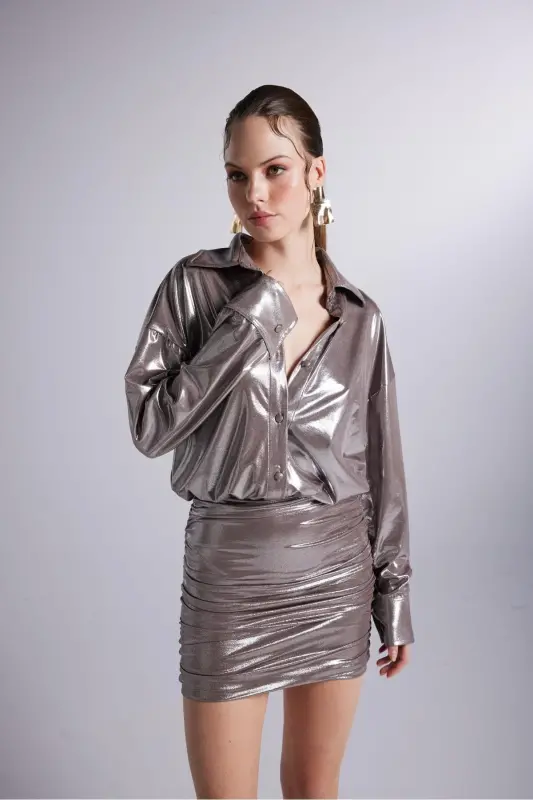 Shiny Fabric Ruched Shirt Collar Mini Regina Dress Mink-Mink - HOLLY LOLLY