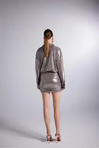 Shiny Fabric Ruched Shirt Collar Mini Regina Dress Mink-Mink - 3