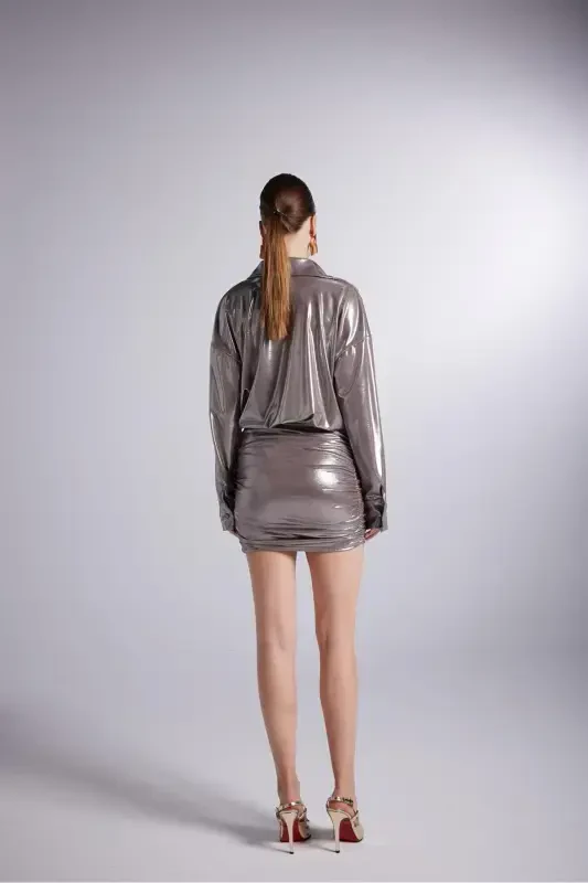 Shiny Fabric Ruched Shirt Collar Mini Regina Dress Mink-Mink - 3