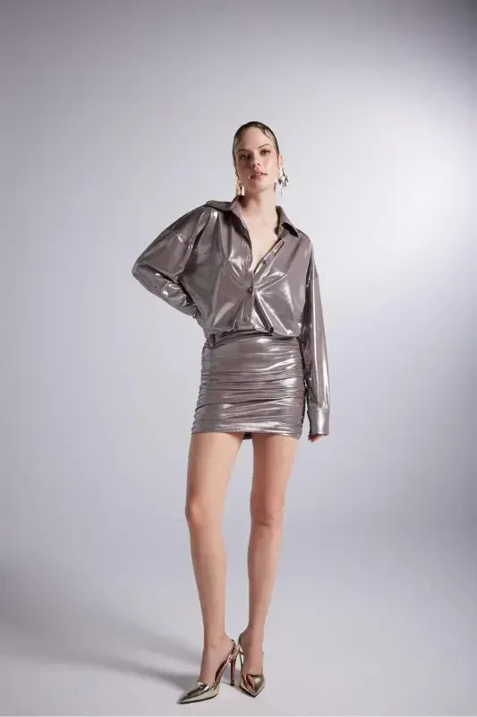 Shiny Fabric Ruched Shirt Collar Mini Regina Dress Mink-Mink - 6