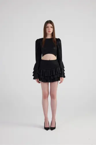 Shiny Fabric Ruffle Skirt Blouse Yensia Set Black - 8