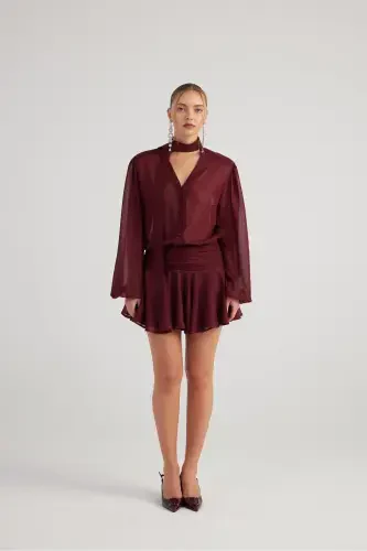 Shiny Fabric Ruffled Mini Vanesa Dress Burgundy - 1