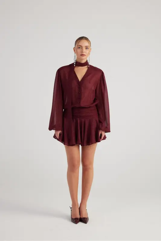 Shiny Fabric Ruffled Mini Vanesa Dress Burgundy - HOLLY LOLLY